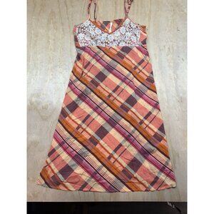 Anthropologie Oranges Plaid Crochet Lace dress Sz M Smocked Back Adjustable